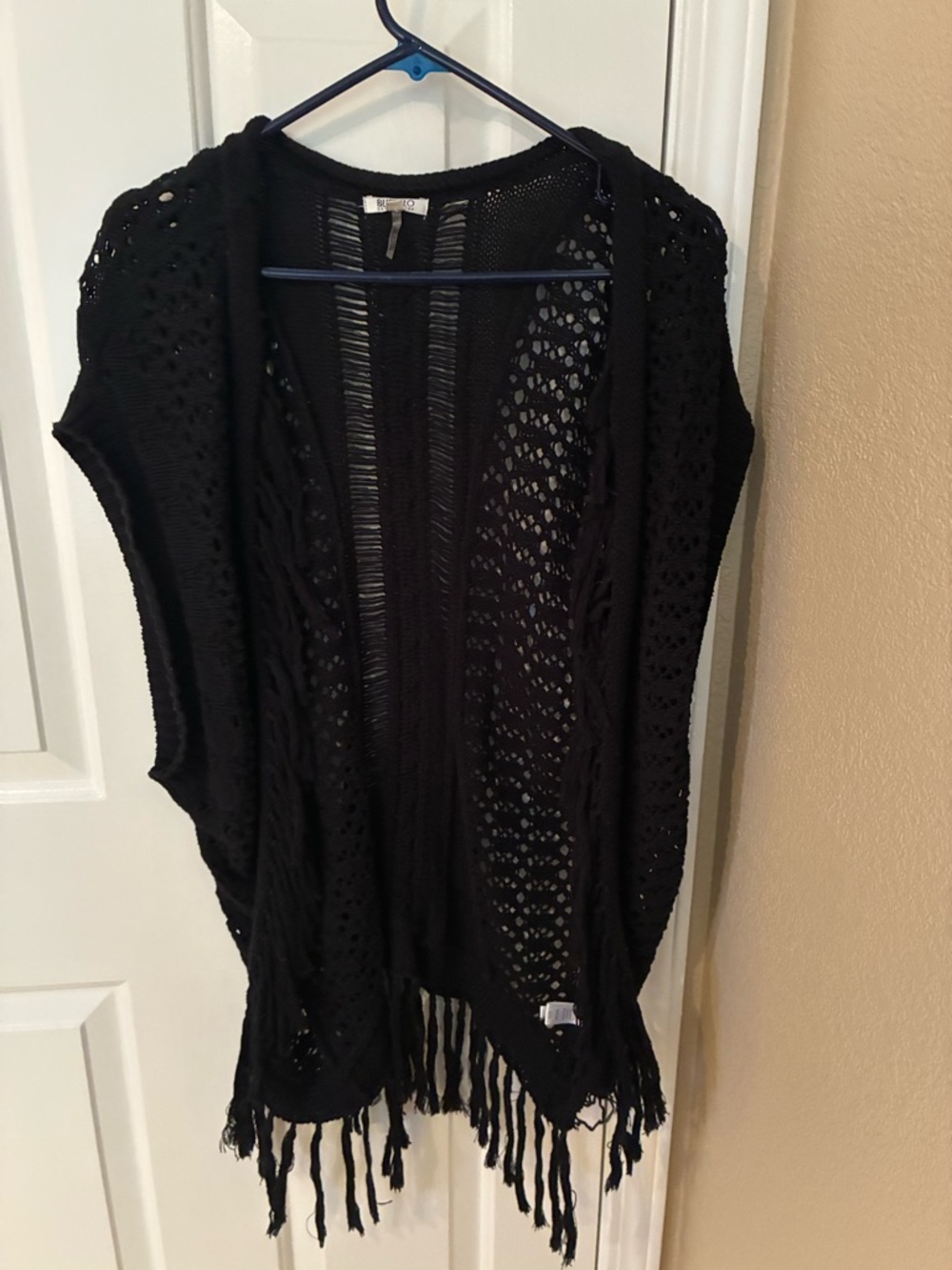 Buffalo David Bitton Black Open-Knit Fringe Poncho Cardigan
